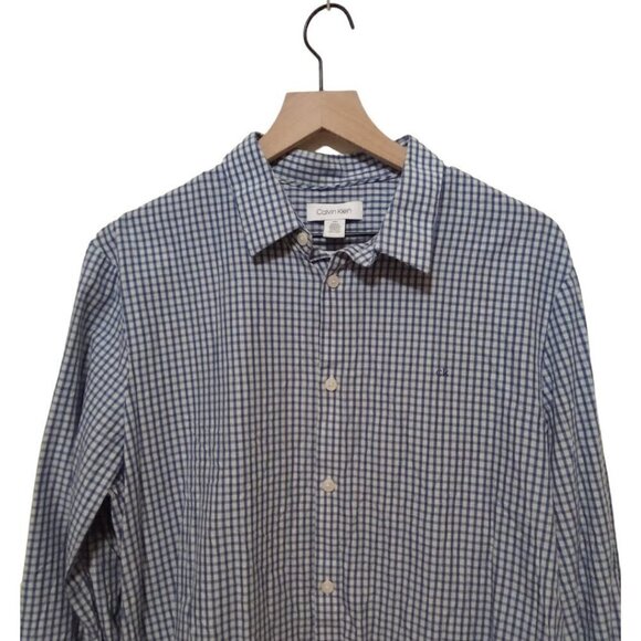 Calvin Klein Blue Checkered The Cotton Cashmere Casual Button Down Shirt Sz L - Picture 2 of 8